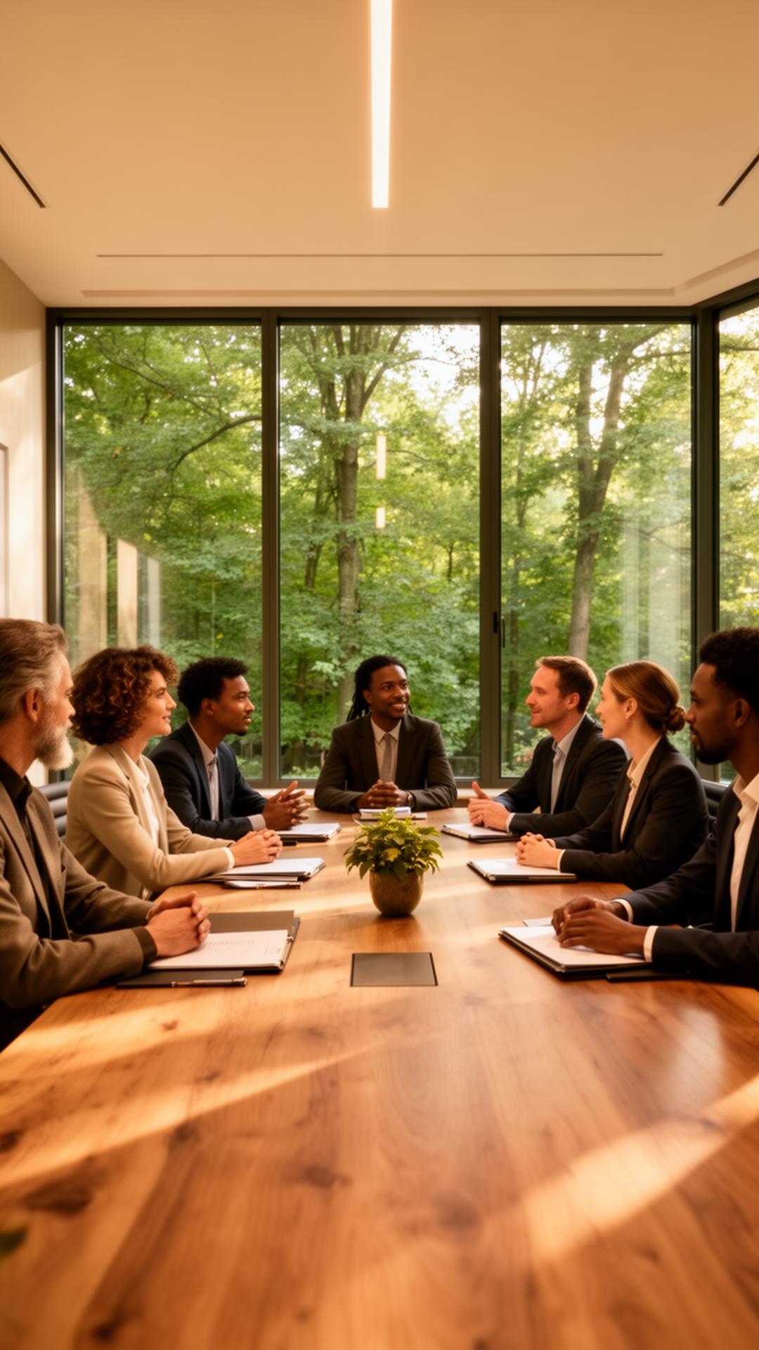 Lawyers collaborating in a warm natural-light boardroom